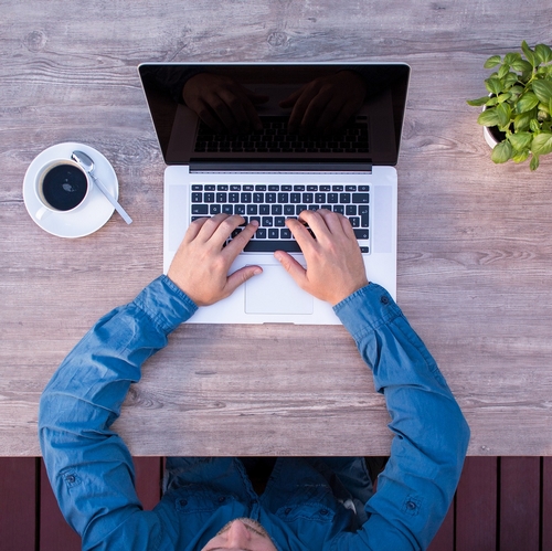 En bild tagen ovanifrån av en människa som sitter vid en laptop med en kaffekopp till vänster och en planta till höger på bordet