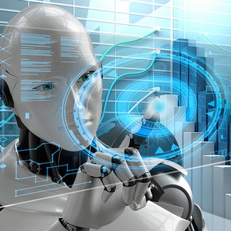 Artificial Intelligence Technology Futuristic En fiktiv bild av en robot som petar på en genomskinlig touchskärm