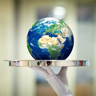 En fiktiv bild där jordklotet är placerat på en serveringsbricka