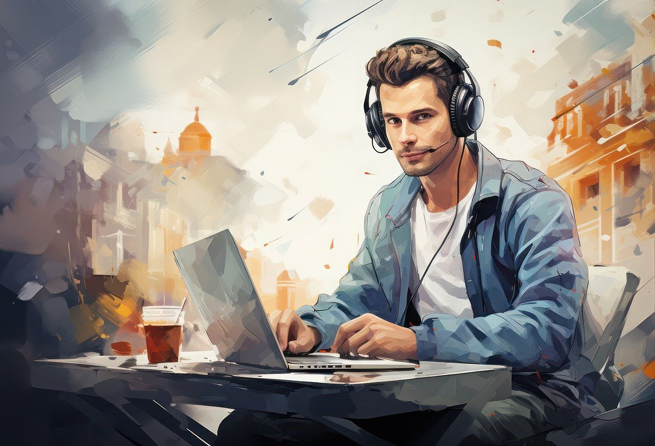 Digital illustration av en person med headset som arbetar vid en laptop utomhus.