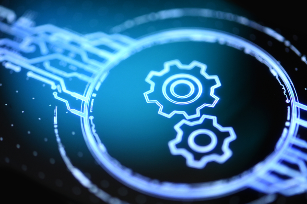 Digital illustration av kugghjul som symboliserar teknik eller systemprocesser.
