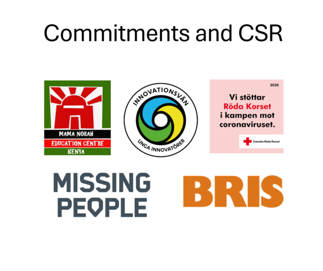 Samling av logotyper för organisationer under rubriken Commitments and CSR.