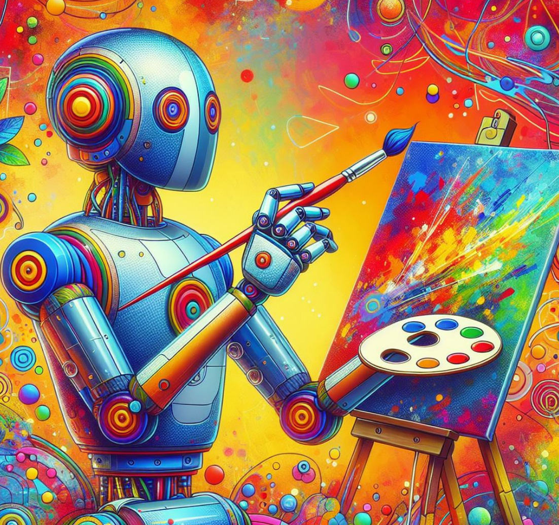 Färgglad illustration av en robot som målar ett abstrakt konstverk på en duk.