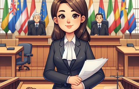 Tecknad illustration av en advokat i rättssal med internationella flaggor i bakgrunden.