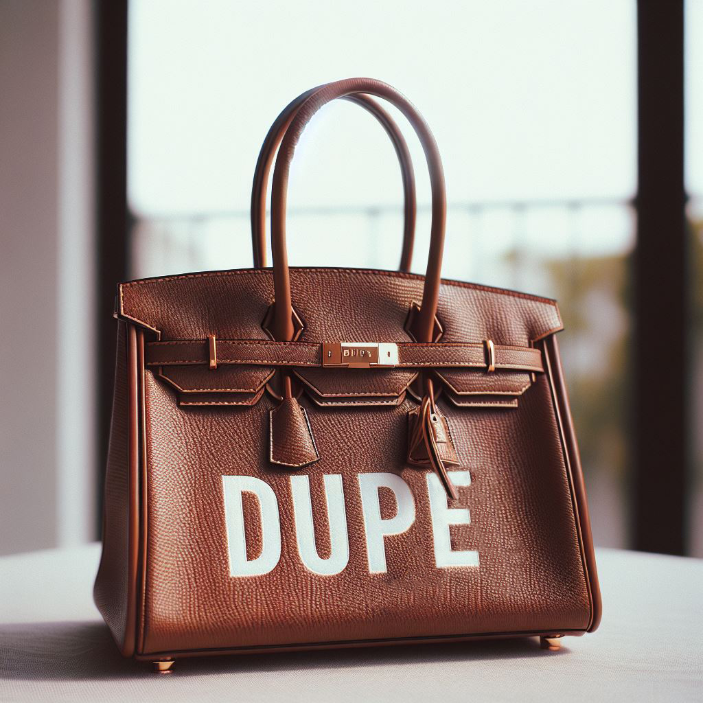 Lyxig handväska med ordet DUPE tryckt på framsidan.