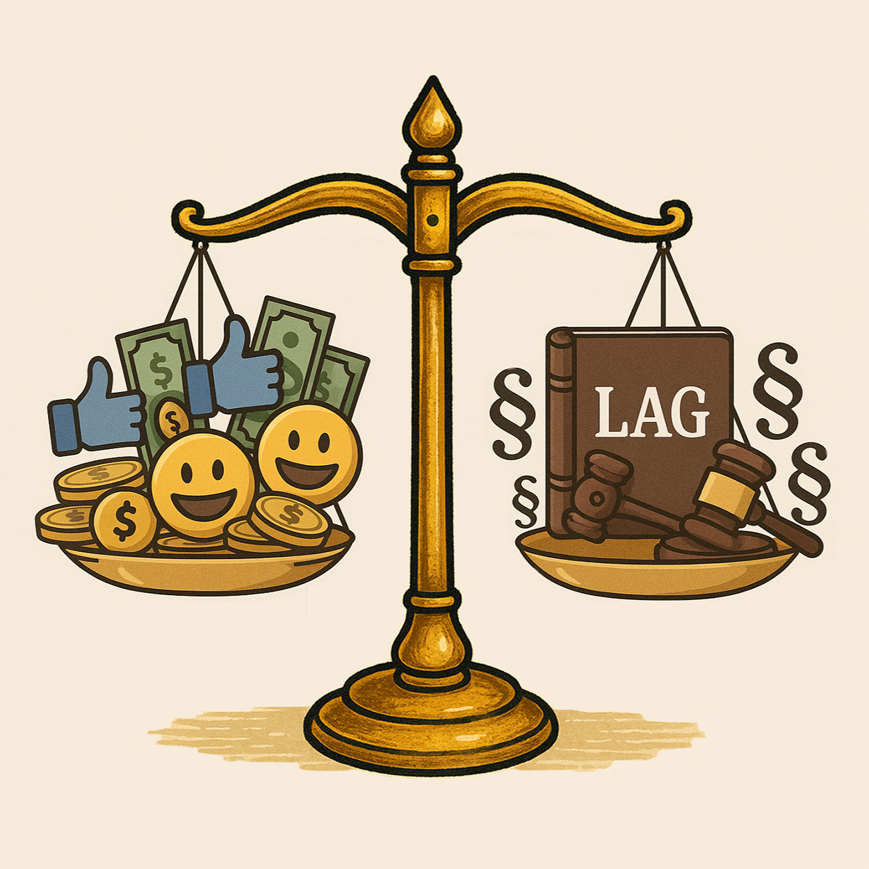 Illustration av en balansvåg som väger pengar och symboler mot lagbok och domarklubba.