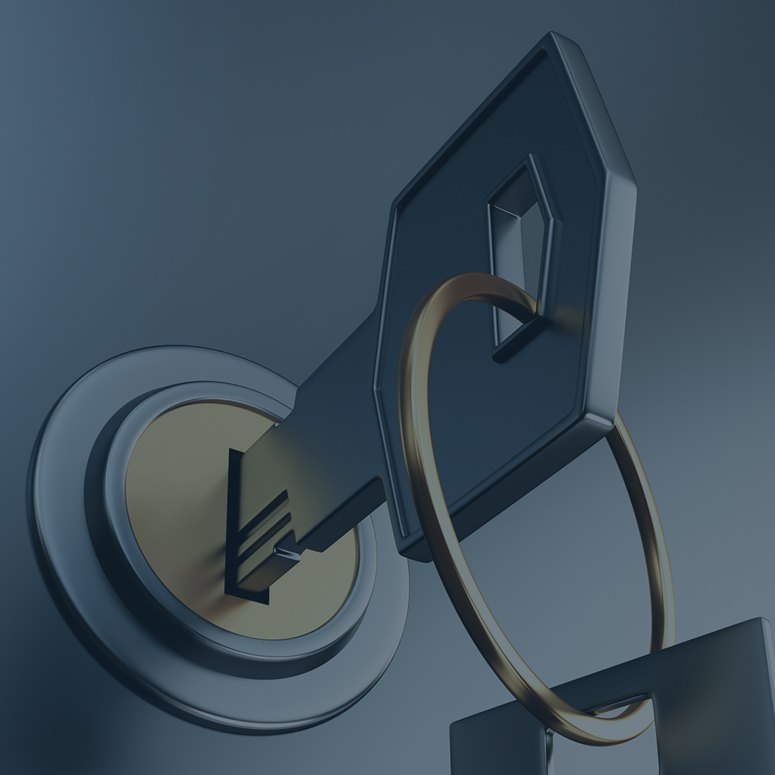 En blåtonad bild av en nyckel i ett lås.